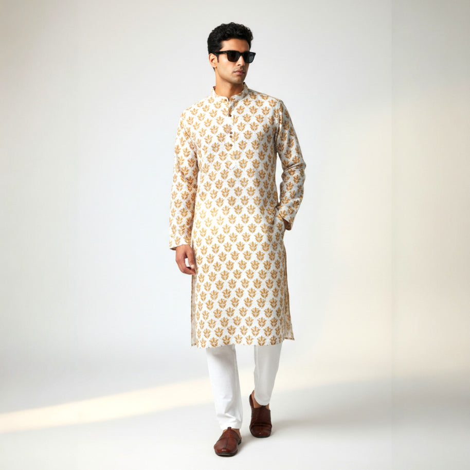White Mustard Handblock Cotton Kurta