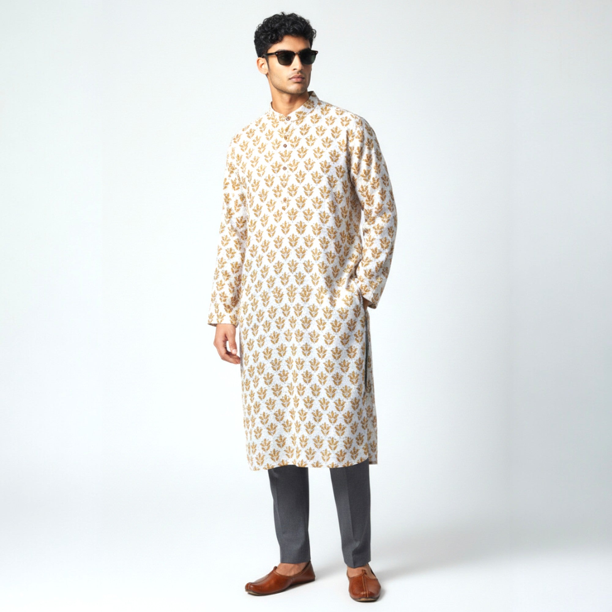 White Mustard Handblock Cotton Kurta