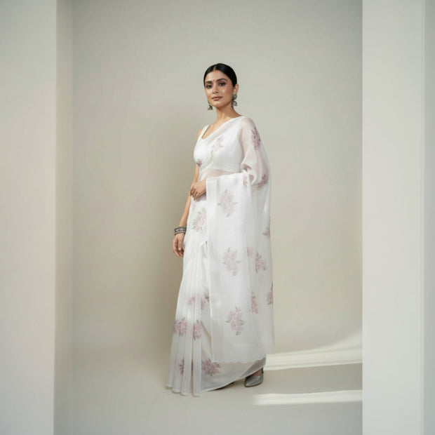 White Purple Floral Kota Cotton Saree