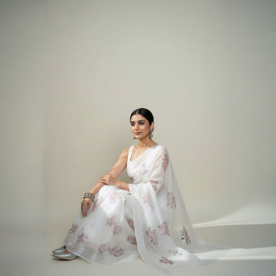 White Purple Floral Kota Cotton Saree