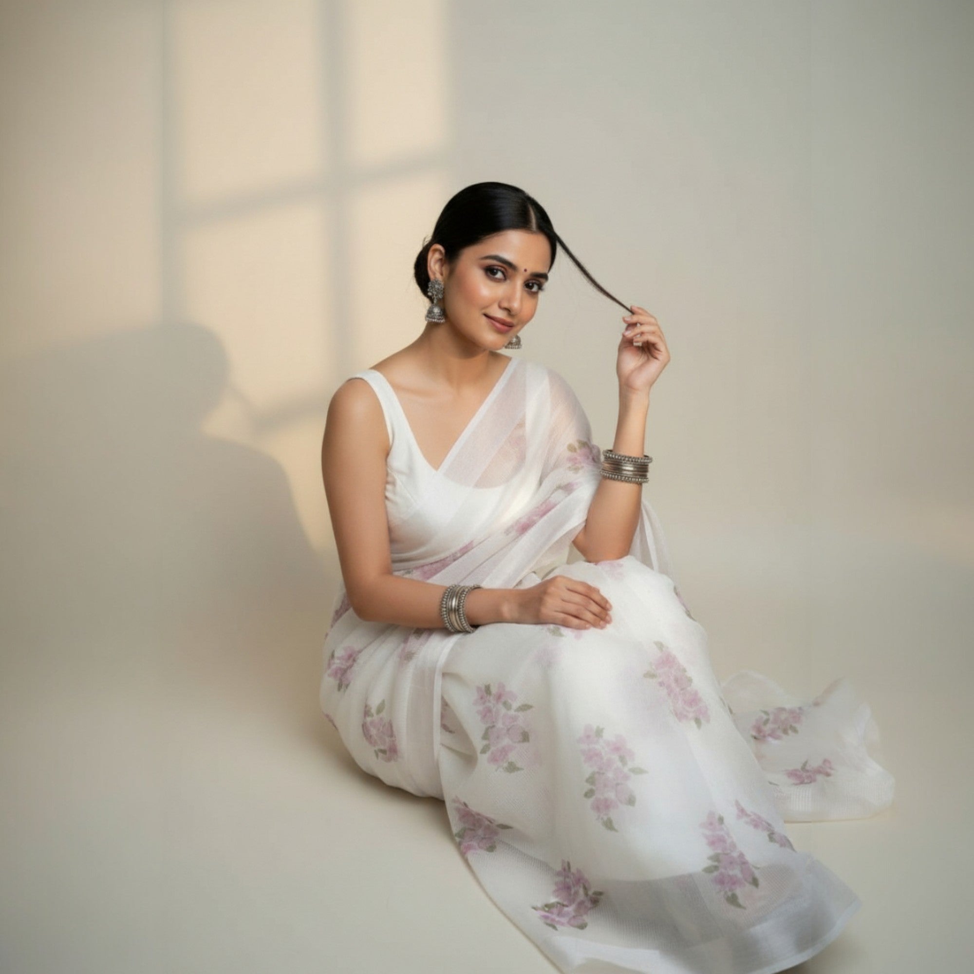 White Purple Floral Kota Cotton Saree