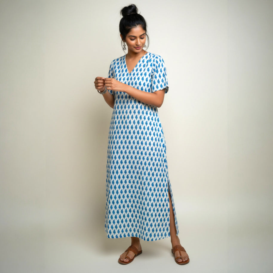 White Blue Handblock Cotton Long Dress