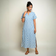 White Blue Handblock Cotton Long Dress