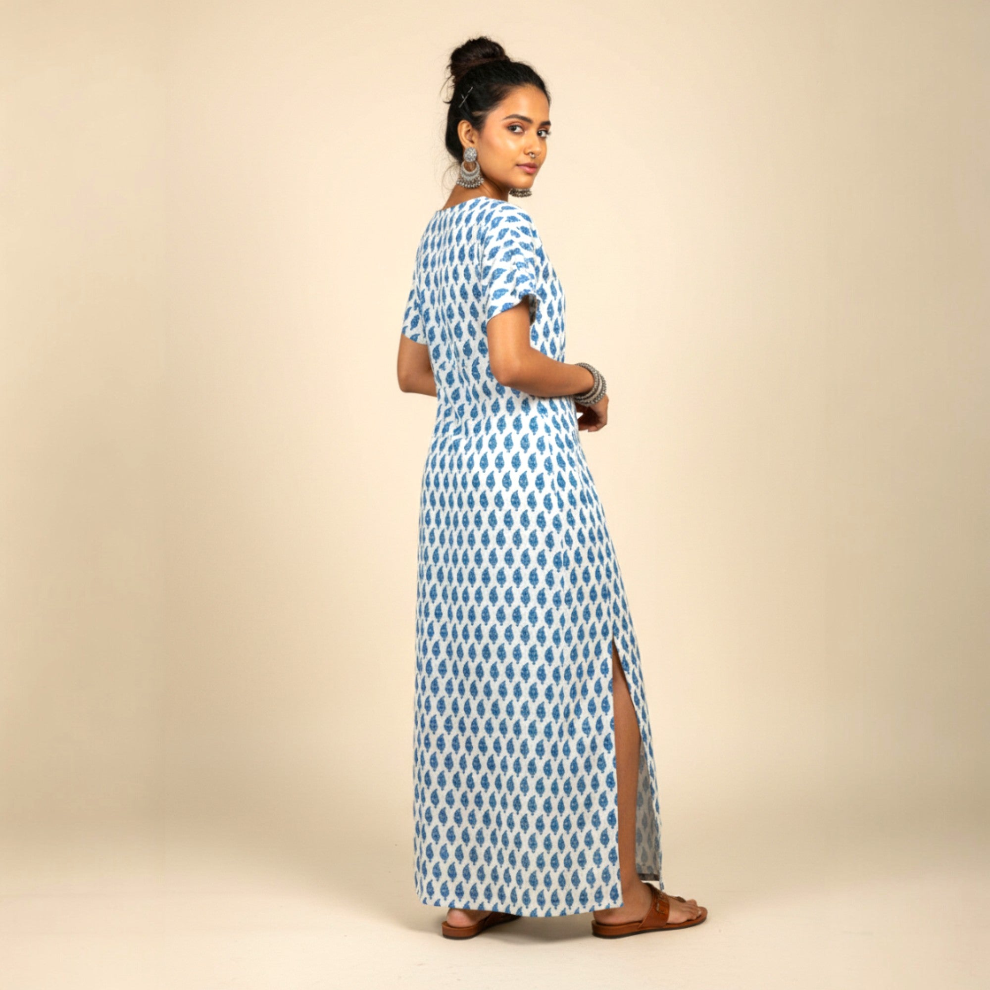 White Blue Handblock Cotton Long Dress