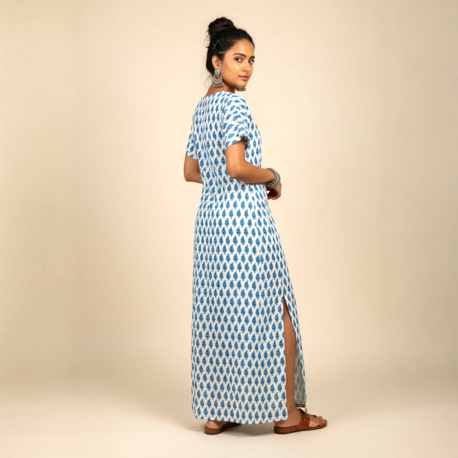 White Blue Handblock Cotton Long Dress