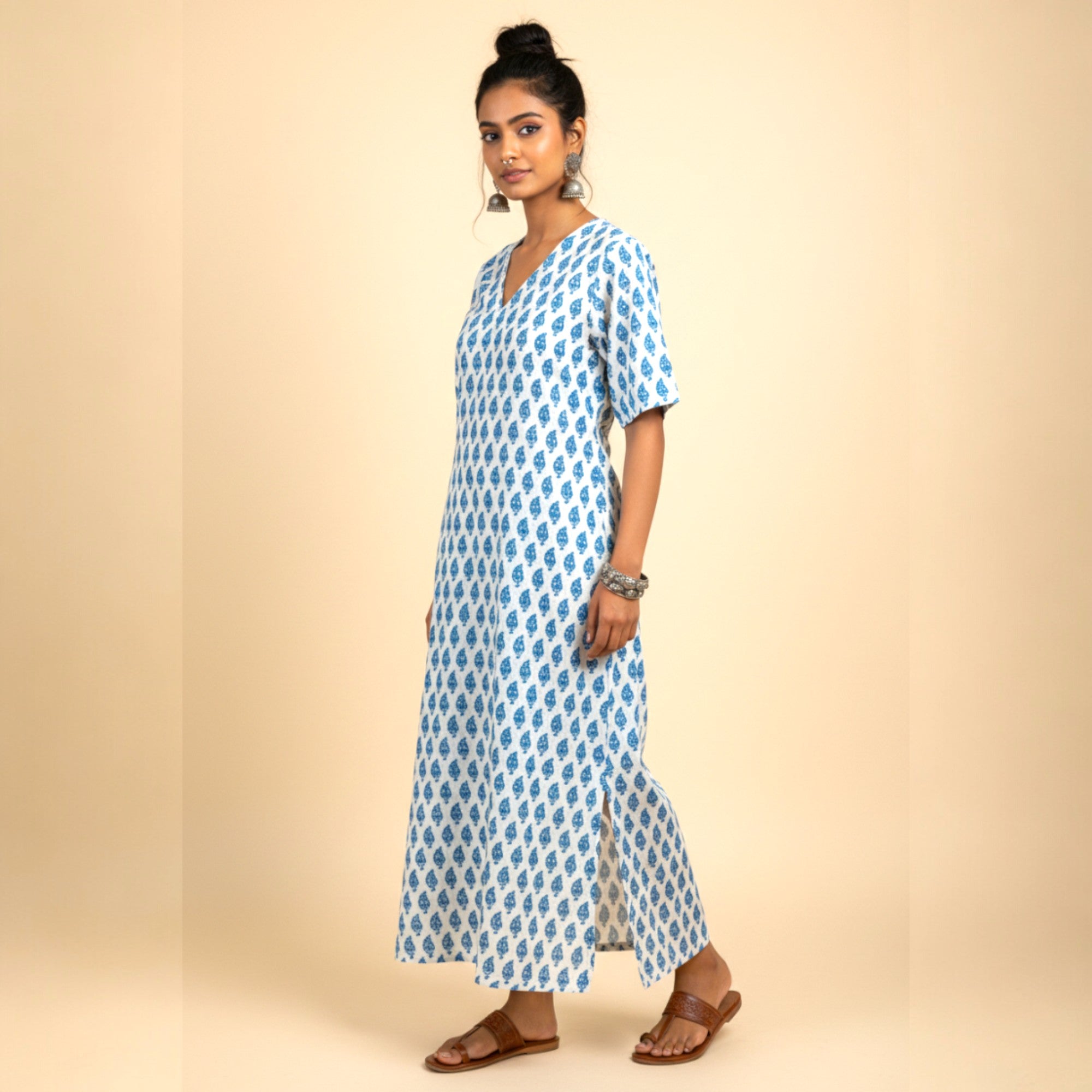 White Blue Handblock Cotton Long Dress