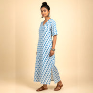 White Blue Handblock Cotton Long Dress