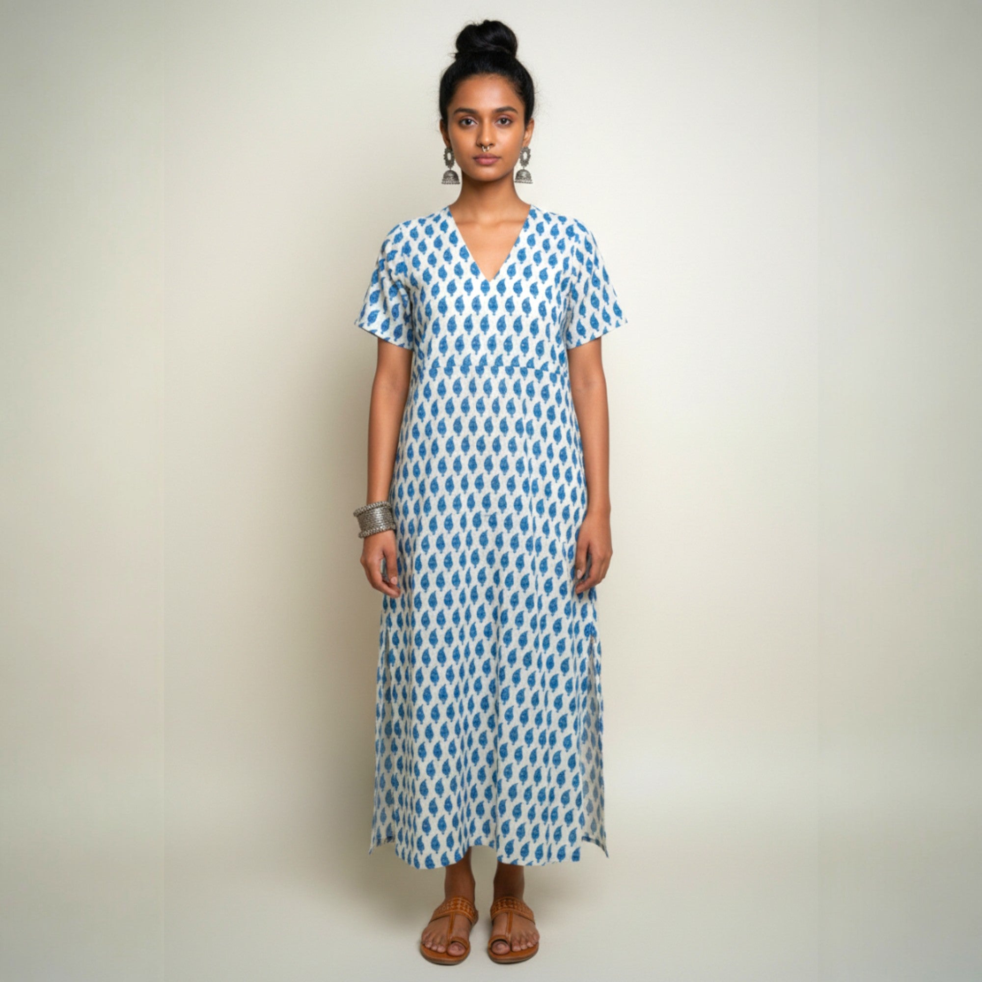 White Blue Handblock Cotton Long Dress