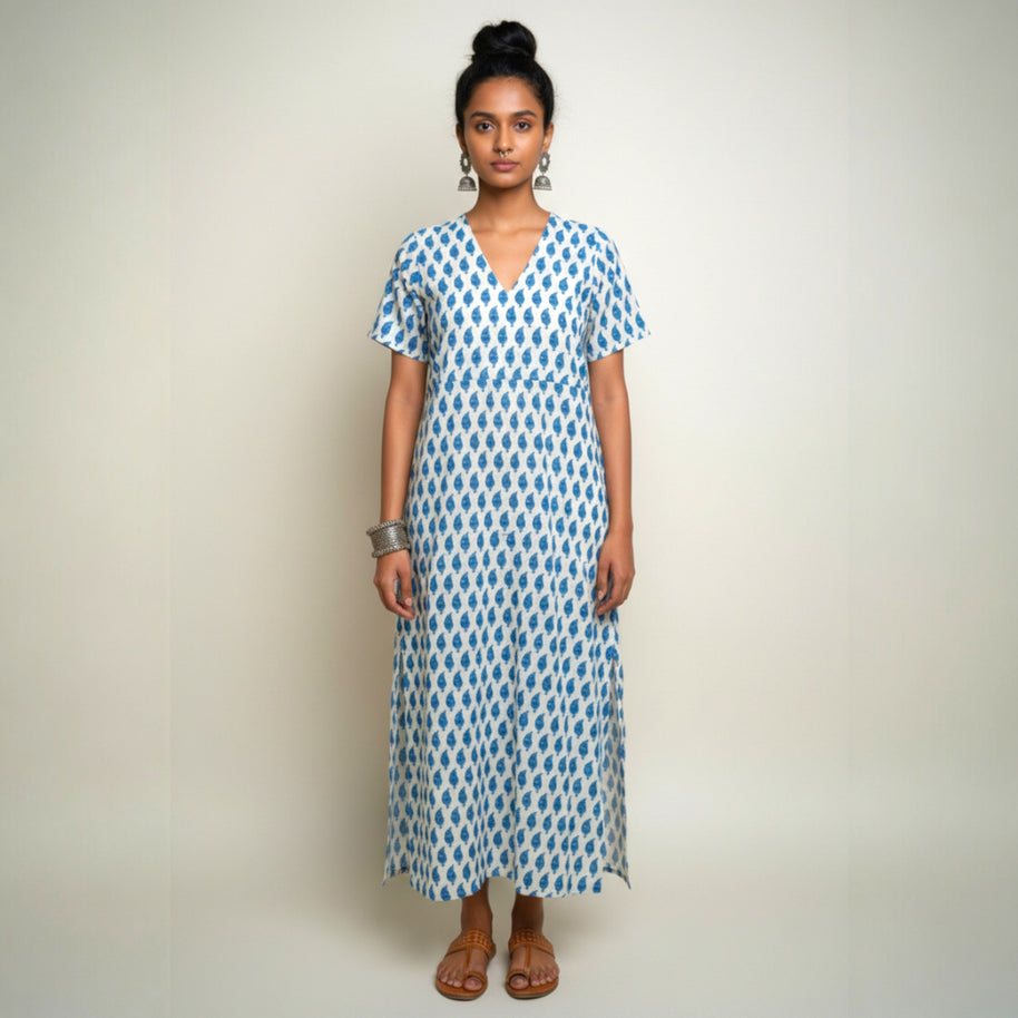 White Blue Handblock Cotton Long Dress