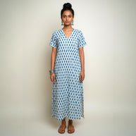 White Blue Handblock Cotton Long Dress