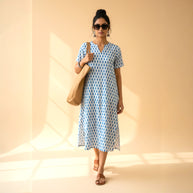 White Blue Handblock Cotton Long Dress