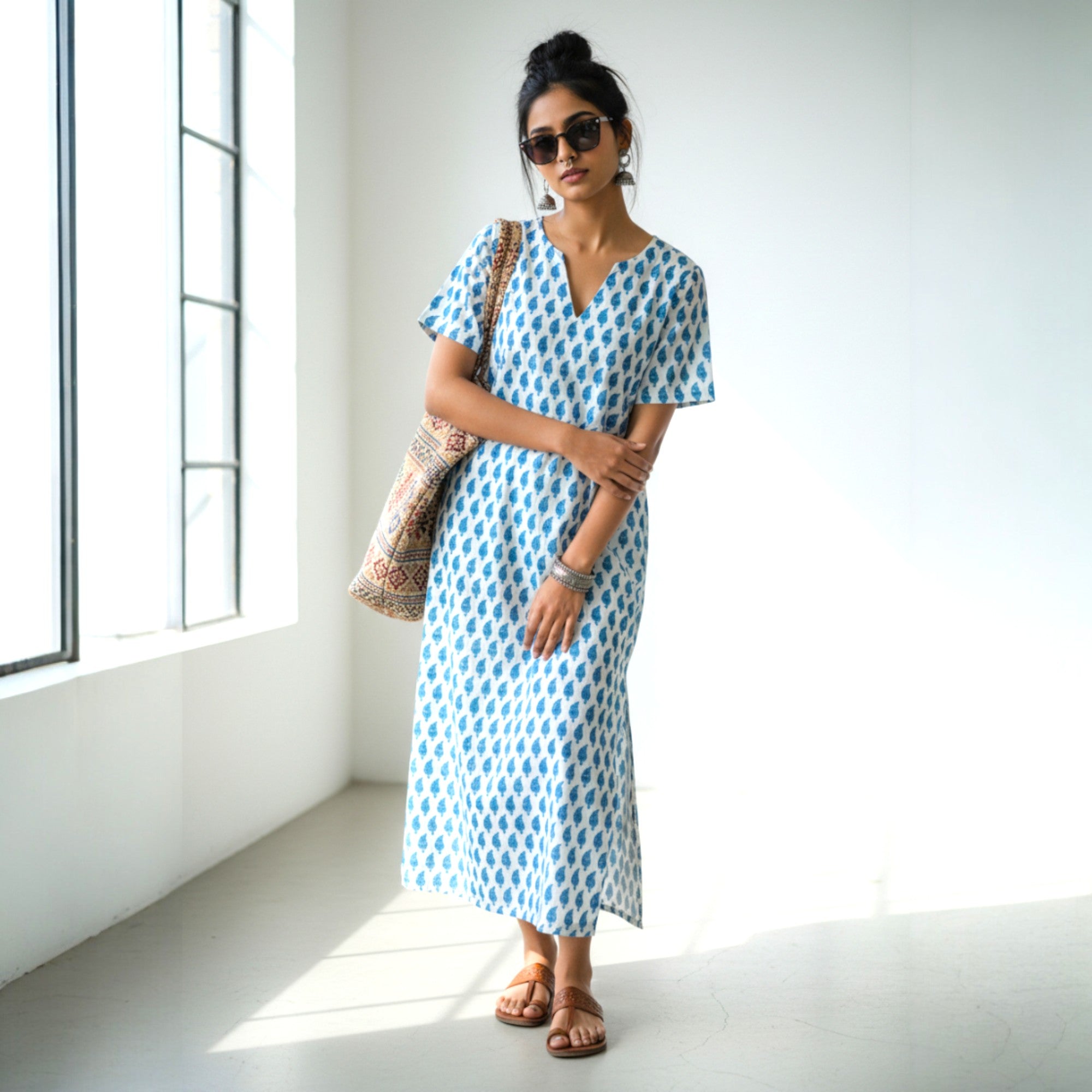 White Blue Handblock Cotton Long Dress