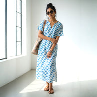 White Blue Handblock Cotton Long Dress