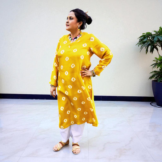 Dark Yellow Bandhej Womens Silk Kurta