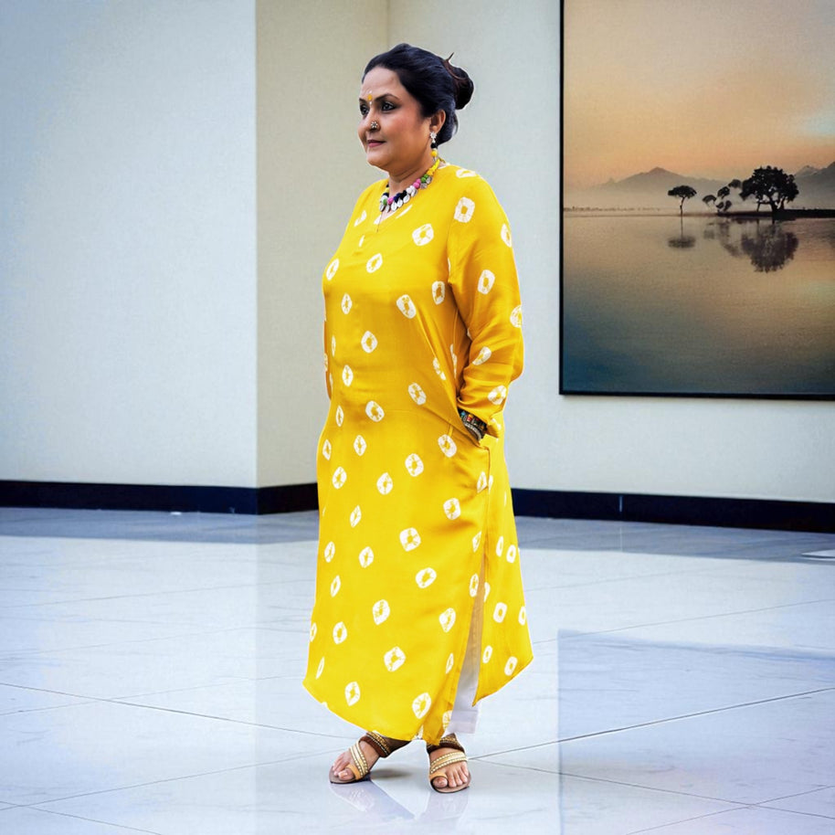 Dark Yellow Bandhej Womens Silk Kurta