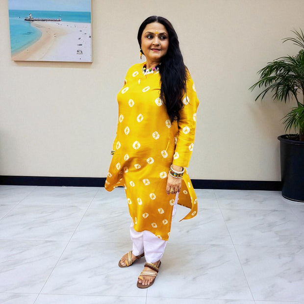 Dark Yellow Bandhej Womens Silk Kurta
