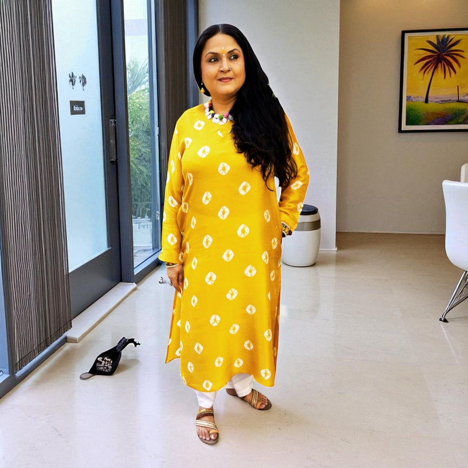Dark Yellow Bandhej Womens Silk Kurta