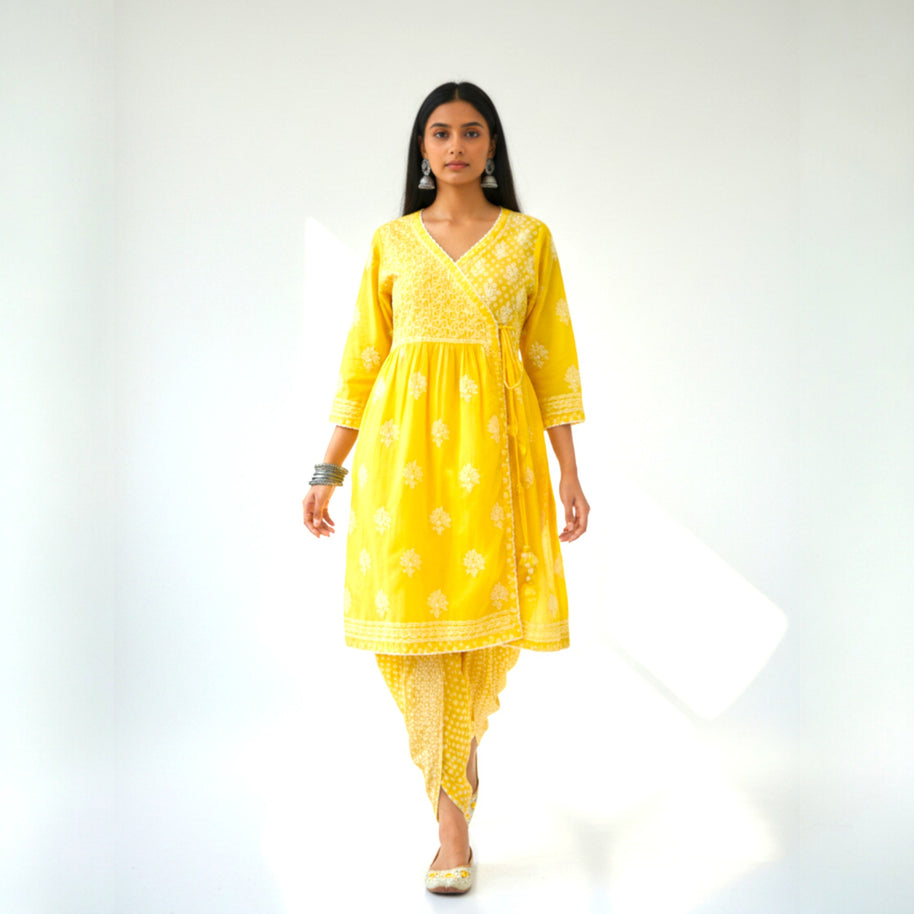Yellow White Chikankari Cotton Kurti Set
