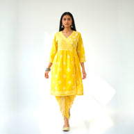 Yellow White Chikankari Cotton Kurti Set