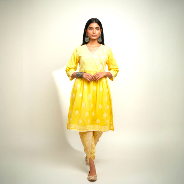 Yellow White Chikankari Cotton Kurti Set