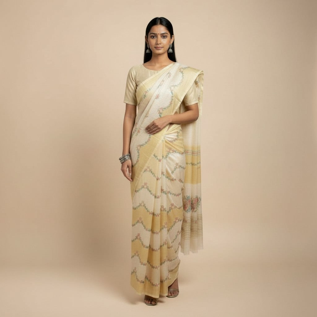 Yellow Floral Kota Cotton Saree