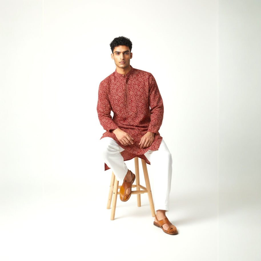 Maroon Bandhani Cotton Kurta