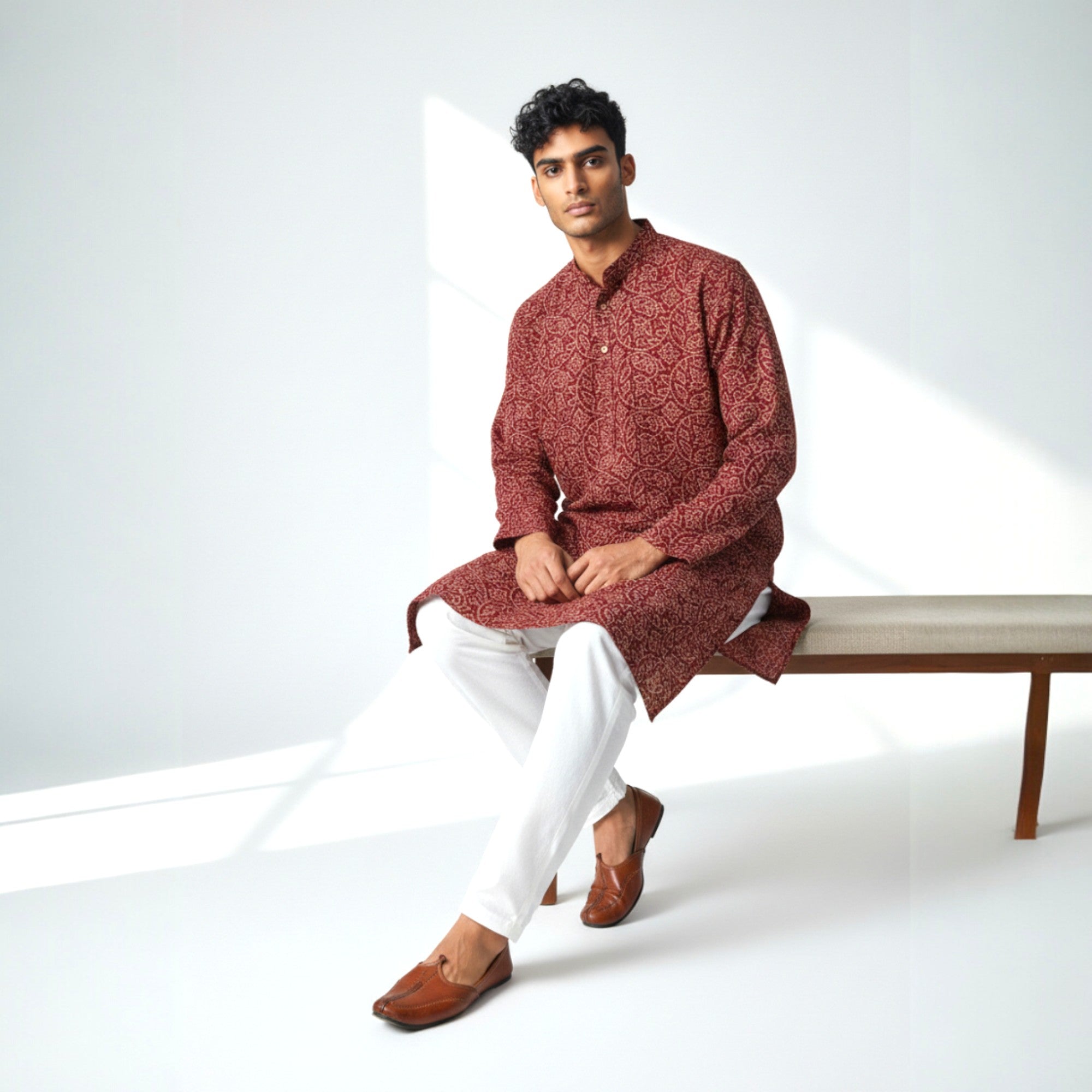 Maroon Bandhani Cotton Kurta
