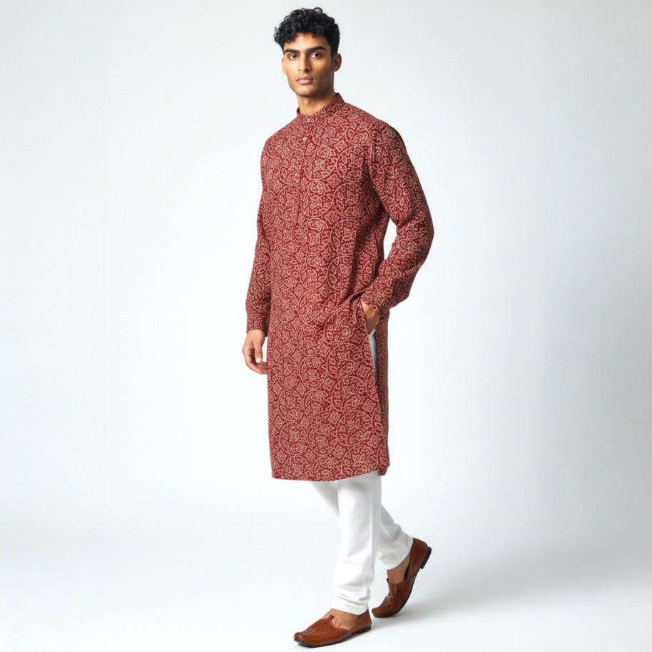 Maroon Bandhani Cotton Kurta