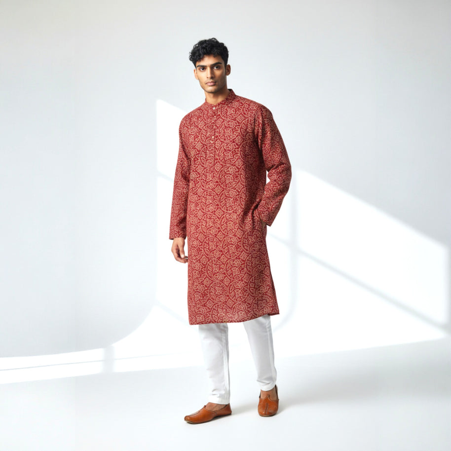 Maroon Bandhani Cotton Kurta