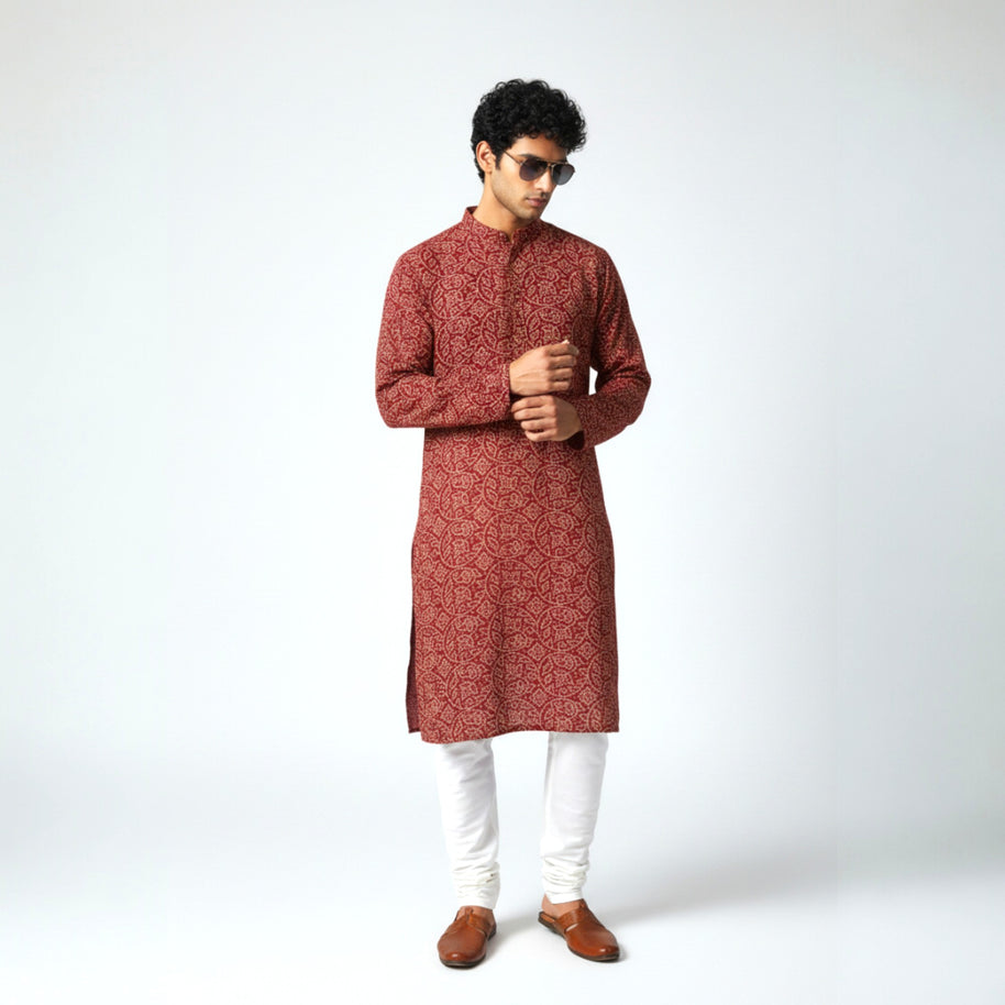 Maroon Bandhani Cotton Kurta