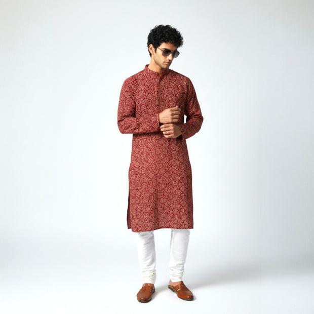 Maroon Bandhani Cotton Kurta