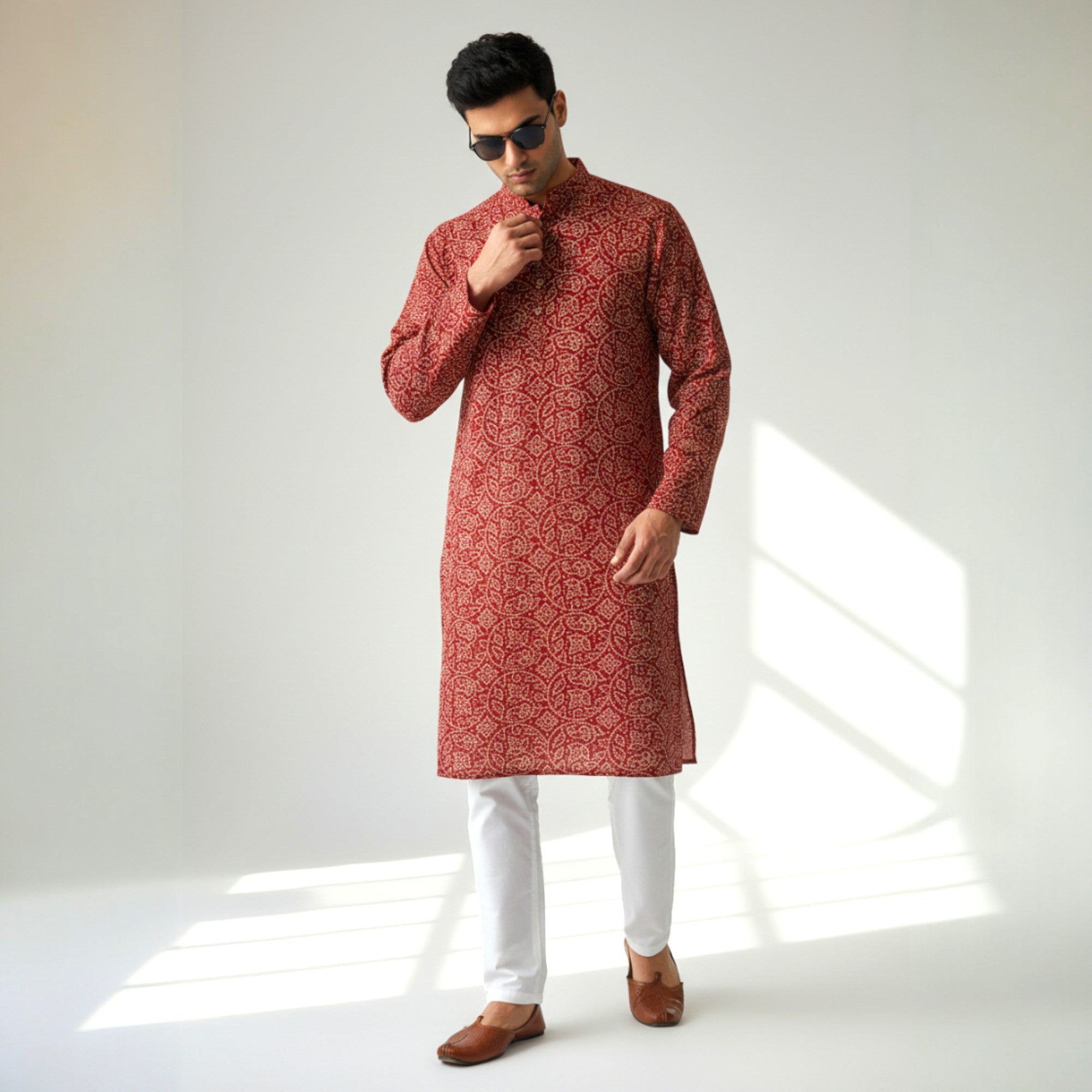 Maroon Bandhani Cotton Kurta