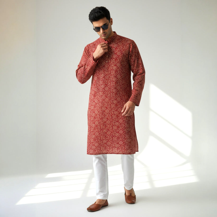Maroon Bandhani Cotton Kurta