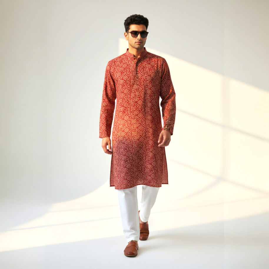 Maroon Bandhani Cotton Kurta