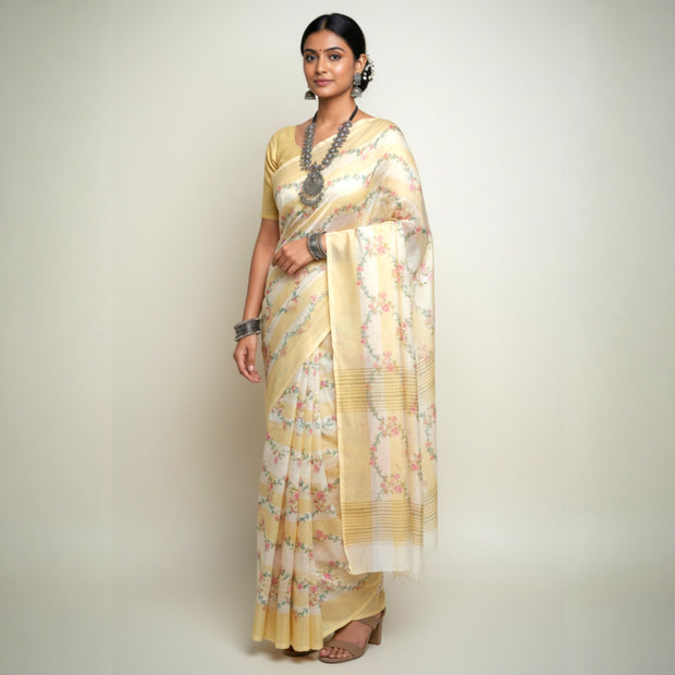 Yellow Floral Kota Cotton Saree